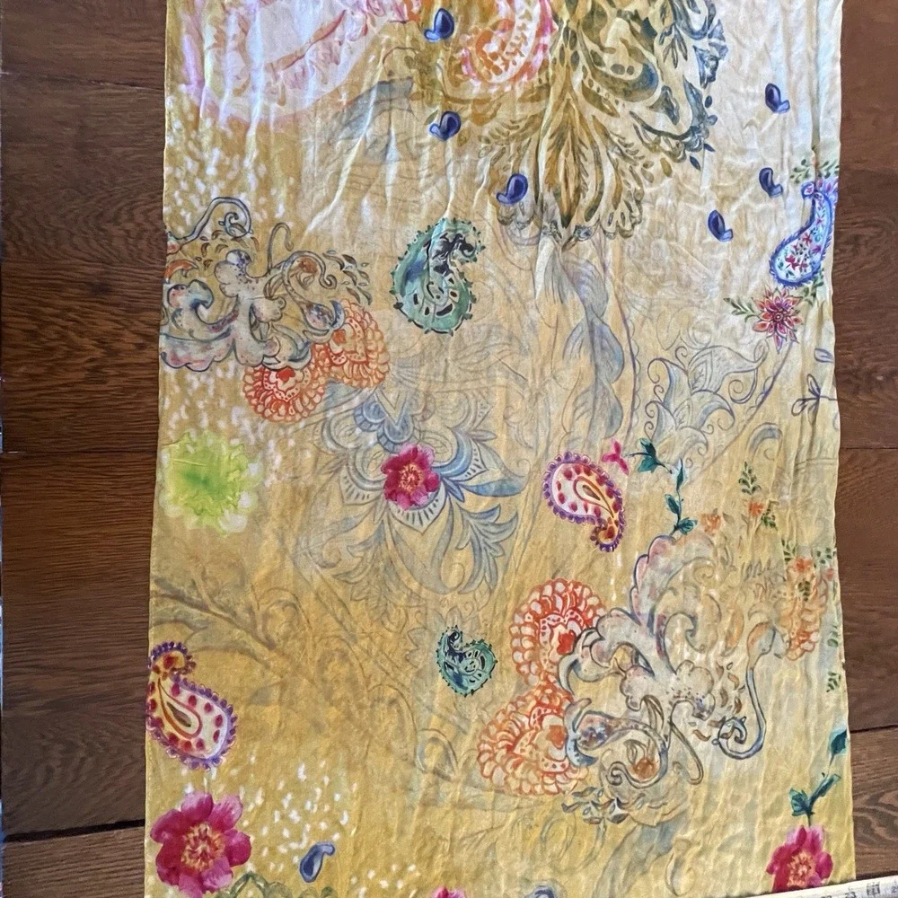 Chico's Floral Paisley Square Scarf Sheer Raw Hem Yellow Multi-Color Lightweight